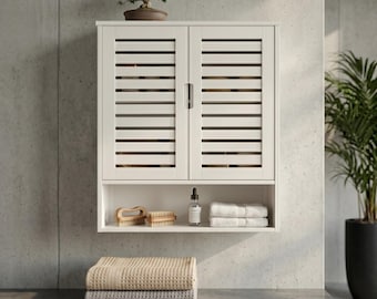 Vitt bambu väggskåp med dörrar | Badrumsförvaringsskåp | Hängande lamellskåp | Vit väggorganisatör | Förvaring över toaletten