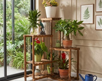 6-Tier Corner Plant Furniture Indoor Wood | Multi-Level Plant Shelf for Living Room | Rustic Pine Wood Flower Stands Display Rack