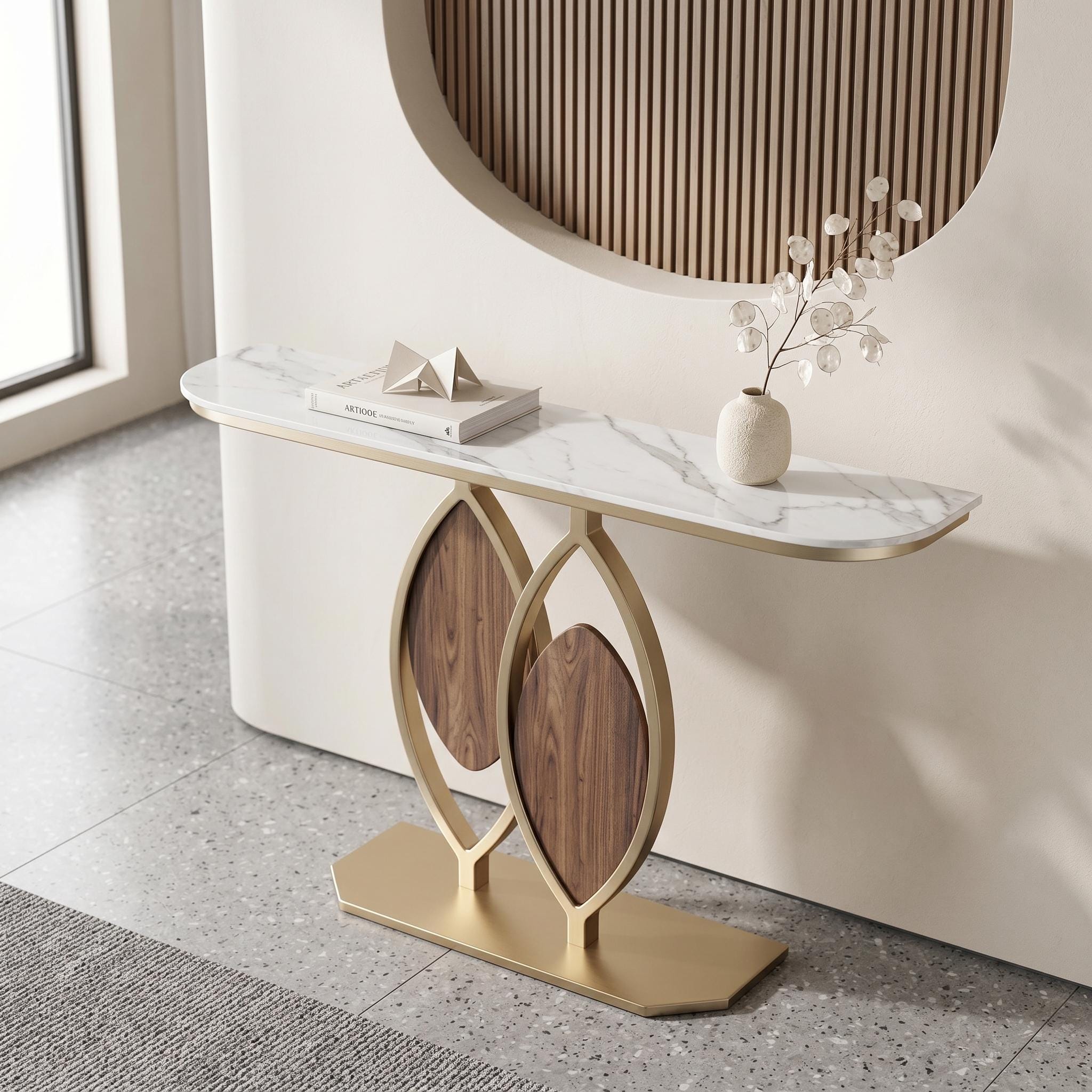 Table Console En Pierre Frittée Dorée | D'entrée De Luxe Grise Et Couloir Moderne Avec Base Métal Pour Le Salon