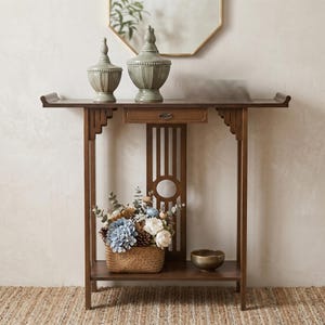 Bamboo Console Table with Drawer & Shelf | Narrow Entryway Table Asian Zen Style | Slim Hallway Table with Storage for Living Room Bedroom