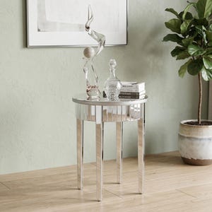 Mirrored Side Table Silver | Round Glamour End Table with Drawer | Art Deco Accent Table for Living Room Bedroom Entryway