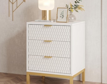 Nachtkästchen mit 3 Schubladen | Luxus Nachttisch mit Gold Beinen | Modernes bezauberndes Schlafzimmer-Möbel-Beistelltisch mit Lagerung
