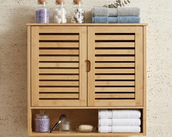 Armario de pared de bambú con puertas / Armario de almacenamiento para baño / Armario colgante con persianas / Organizador de pared de madera natural / Almacenamiento sobre el inodoro