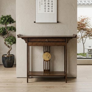 Mesa consola de bambú macizo / Mesa auxiliar de dos niveles estilo zen asiático para recibidor o pasillo