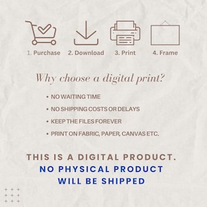 May include: A beige graphic with the text "Why choose a digital print?" and instructions: Purchase, Download, Print, and Frame. It also states "This is a digital product. No physical product will be shipped."