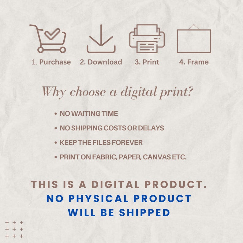 May include: A beige graphic with the text "Why choose a digital print?" and instructions: Purchase, Download, Print, and Frame. It also states "This is a digital product. No physical product will be shipped."