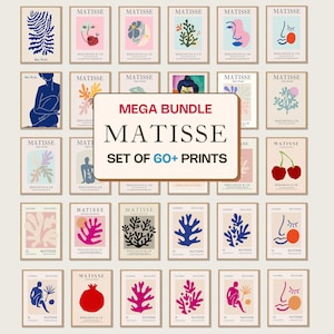 Pode incluir: Uma coleção de mais de 60 impressões de arte inspiradas em Matisse. Cada impressão apresenta formas e figuras abstratas em várias cores, incluindo azul, rosa e verde, com a palavra "MATISSE" no topo. As impressões estão dispostas em uma grade.