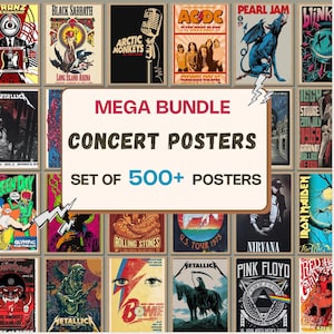 May include: A collection of concert posters featuring various bands, including Metallica, AC/DC, and Nirvana. The posters are displayed together, with a central sign that reads "MEGA BUNDLE CONCERT POSTERS SET OF 500+ POSTERS."