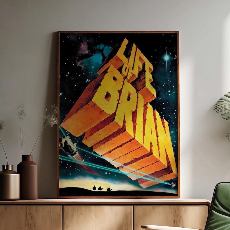 May include: A framed poster with the words "LIFE OF BRIAN" in large, yellow, 3D block letters. The background features a space scene with stars, planets, and a spaceship. The bottom of the poster shows three silhouettes of people.
