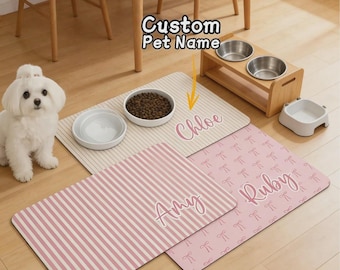 Customizable Pet Name Feeding Mat – Diatomaceous Earth Dog Cat Food Mat, Bow or Stripe
