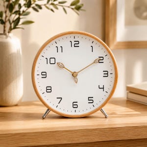 Peut inclure: Un réveil rond en bois avec un cadran blanc et des chiffres noirs. L'horloge a des aiguilles dorées et des accents en forme de feuilles. Il repose sur deux pieds argentés et est posé sur une surface en bois.