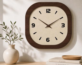 Grande horloge murale carrée rétro, décor minimaliste silencieux en faux grain de bois du milieu du siècle français, cadran crème pour salon cuisine 12-16"