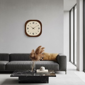 Large Statement Square Wall Clock, French Retro Mid Century Wooden Silent Minimalist Decor, Cream Dial for Living Room Kitchen Bedroom