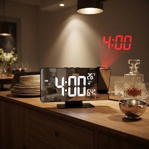 Puede incluir: Un despertador digital rectangular con marco negro y pantalla de espejo. La pantalla muestra la hora 4:00 PM en grandes dígitos blancos, junto con 26 grados Celsius y 64% de humedad. Una proyección roja de 4:00 aparece en la pared superior.