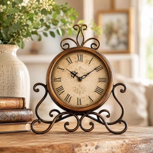 Può includere: Un orologio da tavolo rotondo con una cornice in metallo color bronzo caratterizzata da volute decorative sulla parte superiore e sulla base. Il quadrante è color crema con numeri romani neri, lancette nere ornate e un delicato motivo floreale.