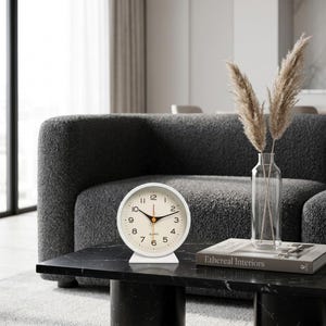 Silent Analog Alarm Clock Retro Bedside Desk Clock Vintage Small Nightstand Table Clock with Night Light for Bedroom Decor White