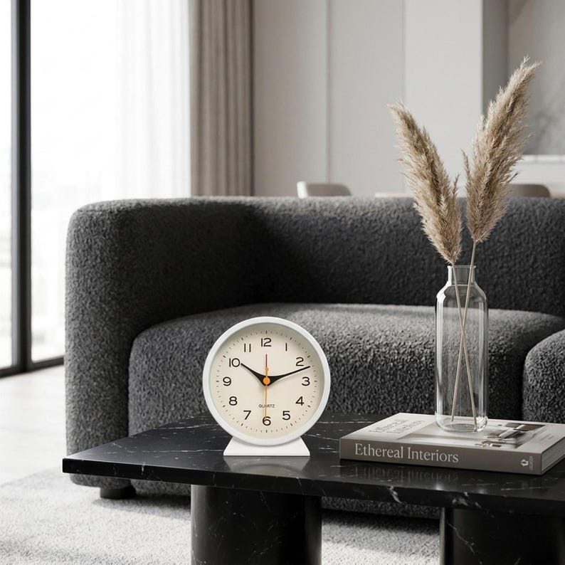 Silent Analog Alarm Clock Retro Bedside Desk Clock Vintage Small Nightstand Table Clock with Night Light for Bedroom Decor White