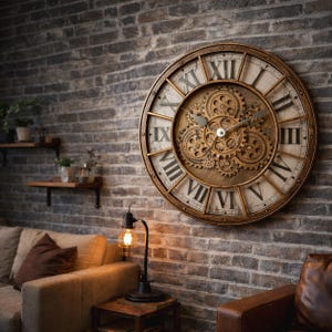 May include: A large, circular wall clock with a vintage aesthetic. The clock face displays Roman numerals and exposed bronze-coloured gears. It is set against a grey brick wall, with a brown wooden frame. The clock's diameter is approximately 76 cm.