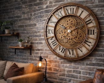 Moving Gears Wall Clock Large 46cm Industrial Wall Clock Silent Quartz Retro Vintage Steampunk Clock Roman Numeral Living Room Decor