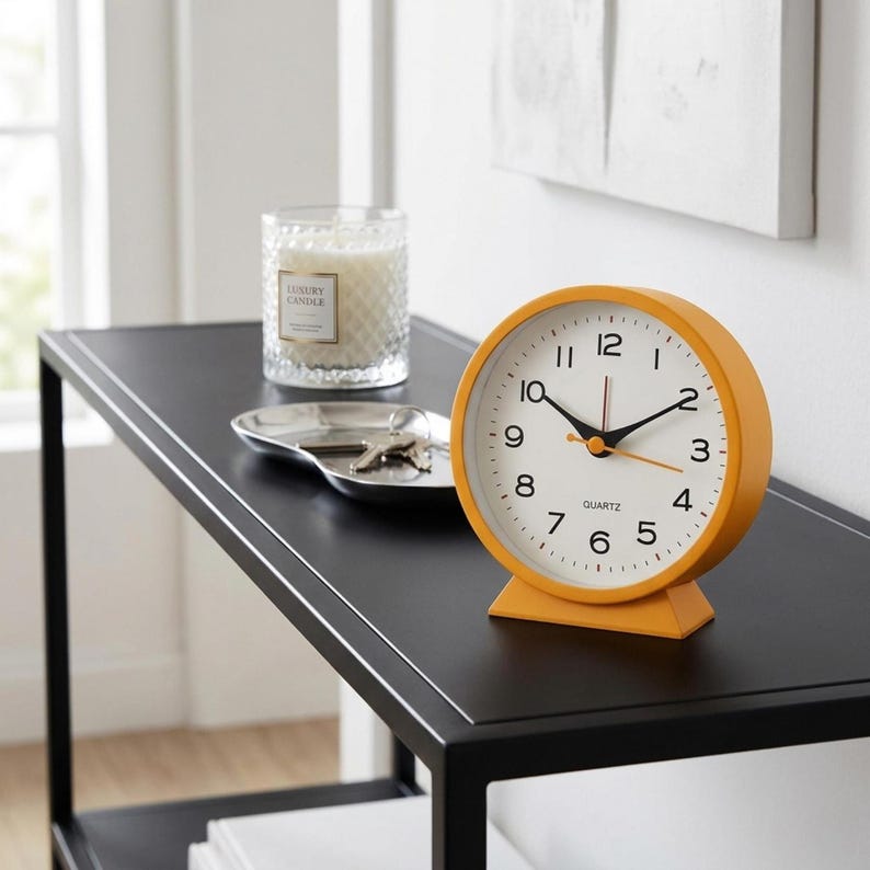 Silent Analog Alarm Clock Retro Bedside Desk Clock Vintage Small Nightstand Table Clock with Night Light for Bedroom Decor Orange