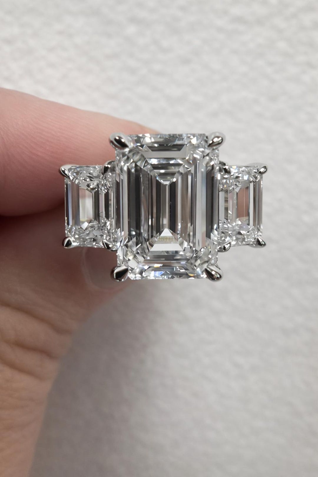 Emerald Cut Lab Grown Diamond Three Stone Engagement Ring | Step Cut ...