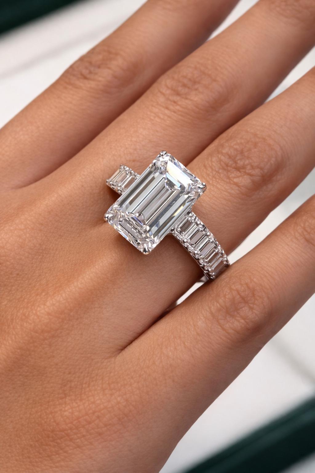 Emerald Cut Lab Grown Diamond Three Stone Engagement Ring | Baguette ...