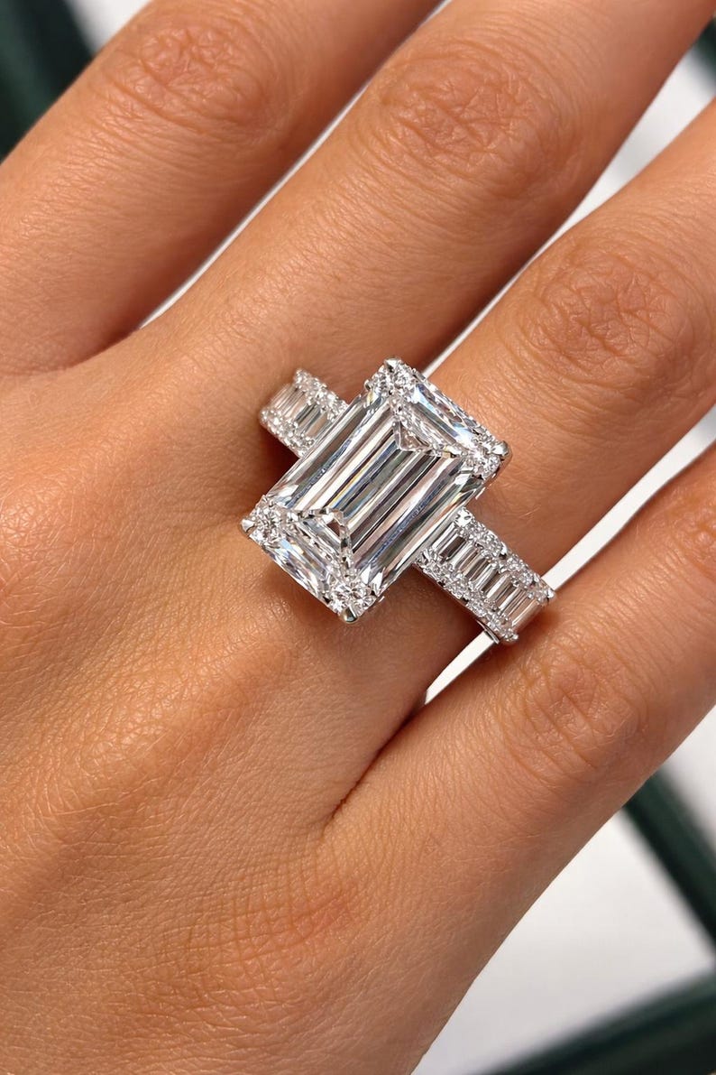 Emerald Cut Lab Grown Diamond Three Stone Engagement Ring | Baguette ...