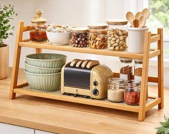 Handgeplukte bamboe keukenplank, 2-laags boho kruidenrek, Japandi toonbankopberger, koffiebardecor