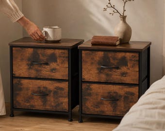 Set of 2 Handpicked Bedside Tables | Rustic Wood Top + Black Steel Frame | 2-Drawer Nightstand Pair | Boho Farmhouse Bedroom