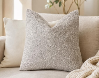 Bouclé kussensloop, sierkussen met textuur 18 x 18, Japandi neutrale kussenhoes, decoratief boho-bankkussen, havermout-taupe houtskoolaccent