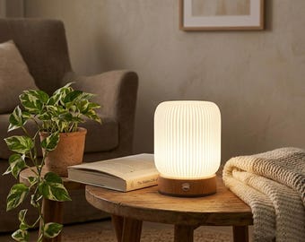 Draadloze tafellamp • Oplaadbaar dimbaar bedlampje • Klein Japandi houten nachtkastje • Touch-nachtlamp
