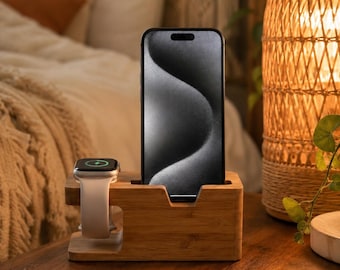 Holz Ladestation für Apple Watch & iPhone, Bambus Dockingstation, Nachttisch Ladestation, Tech Geschenk für ihn, Ehemann Papa Geschenk