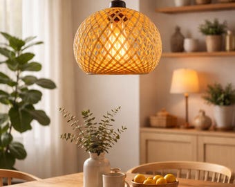 Rotan hanglamp, lampenkap geweven bamboe, Boho Japandi Lighting, keukeneiland eetkamerlamp