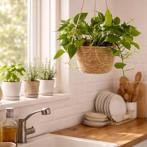 May include: A kitchen interior with a hanging woven basket planter filled with green foliage. The basket is suspended by rope. Other potted plants sit on a windowsill. A white sink, tap, and wooden worktop are also visible.