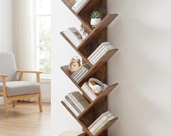 Boekenplank boom 8 niveaus, rustieke houten hoekboekenkast, hoge smalle boho Japandi, housewarmingcadeau