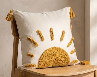 Boho zon getufte kussenhoes · mosterdgeel sierkussen met kwastje · Japandi neutraal decoratief kussen · housewarmingcadeau