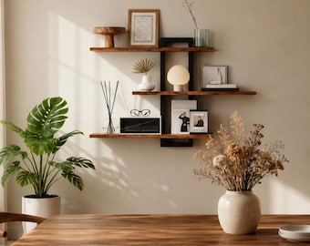Industriële zwevende wandplank met 3 niveaus · zorgvuldig geselecteerde boerderijdecor van zwart metaalhout · Housewarmingcadeau