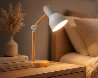 Japandi houten bedlampje, verstelbare noordse bureaulamp, Scandinavische tafellamp, minimalistische leeslamp, wit houten nachtkastjelamp