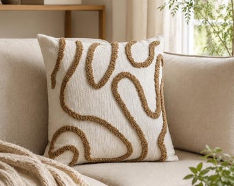 Getufte kussensloop, boho-sierkussenhoes 18 x 18, Japandi neutrale kussenhoes, crème beige zwart golvend decoratief accentkussen