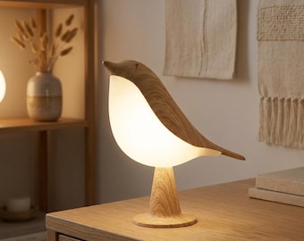 Vogellamp, Japandi oplaadbaar nachtlampje, houten nachtkastjelamp, dimbare aanraaklamp, gezellig nachtkastjelicht, cadeau housewarming