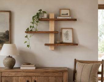 Floating Shelves Set of 3, Solid Wood Wall Shelf, Rustic Modern Staggered Display, Living Room Decor, Housewarming Gift