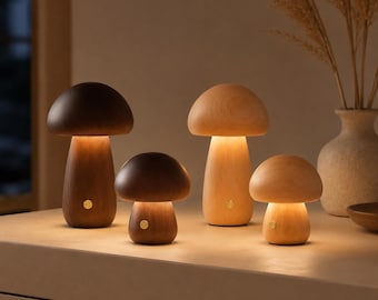 Handpicked houten paddenstoellamp · Oplaadbaar draadloos bedlampje · Japandi Wabi-Sabi-decor · Housewarmingcadeau