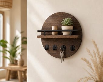 Houten sleutelhouder voor aan de muur met plank · Ronde opberger en haken · Boho boerderijpostrek · Housewarmingcadeau