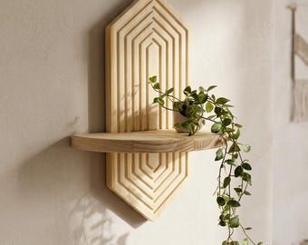 Boho wandplank, plantenhouder geometrisch hout, klein gesneden wanddecoratie, Japandi housewarmingcadeau
