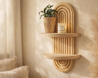 Gebogen houten wandplank • Boho display met drijvende planten • Japandi woondecoratie • Rustiek housewarmingcadeau