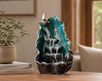Terugstromende wierookbrander, waterval wierookhouder, keramische wierookfontein, blauwe lotus Zen Japandi decor, meditatie housewarmingcadeau