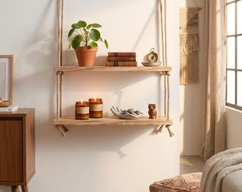 Handgeplukte hangplank touw, rustiek boho-muurdecor, display natuurlijke houtplant, housewarmingcadeau
