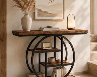 Mesa de console estreita, estrutura redonda com tampo rústico de madeira, mesa de entrada em metal preto, mesa de sofá industrial, cômoda boho com 4 prateleiras para corredor.
