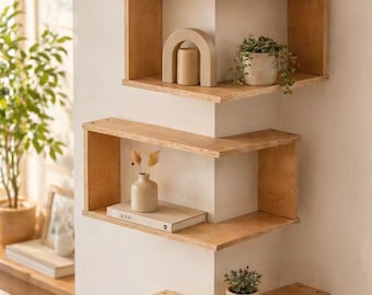 Hoekwandplank · zorgvuldig uitgekozen zwevend hout L-vormig display · Boho Japandi plantendecor · Housewarmingcadeau