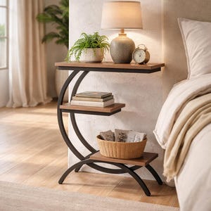 Puede incluir: Mesa auxiliar de tres niveles con estructura de metal negro y estantes de madera. El estante superior tiene una lámpara, una planta y un reloj. El estante del medio tiene libros y el inferior una cesta de mimbre.